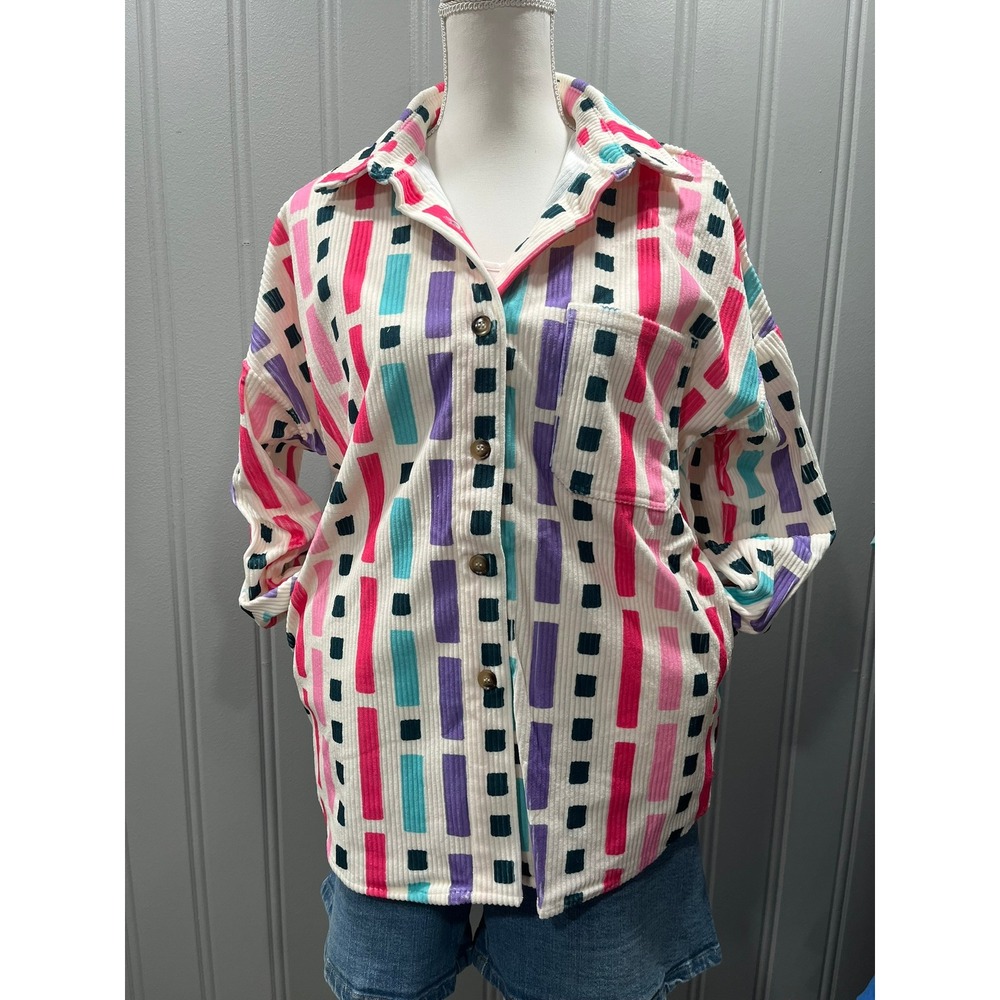 Emily Wonder Multicolor‎ Geometric Corduroy Oversized Shirt Jacket Women Size S